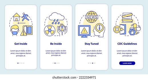 Survive during nuclear explosion onboarding mobile app screen. Safety walkthrough 4 steps editable graphic instructions with linear concepts. UI, UX, GUI template. Myriad Pro-Bold, Regular fonts used