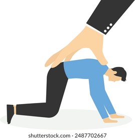 Survive recession. Employe resist huge boss hand push her down. Power. Flat vector illustration

