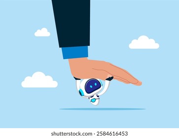 Survive recession. Robot resist huge boss hand push her down. Power. Flat vector illustration