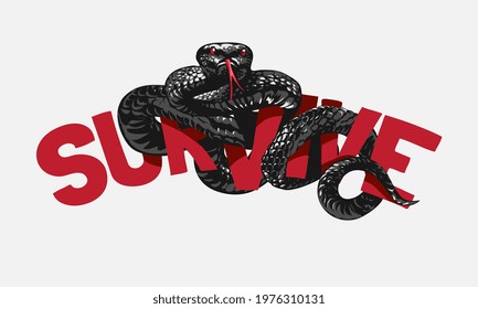 survive slogan wrapped by black cobra vector illustration