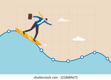 Survive in stock market volatility, professional to smooth ride in market downturn, recession, investment fluctuation or market up and down, confidence businessman surfing on stock market wave chart.