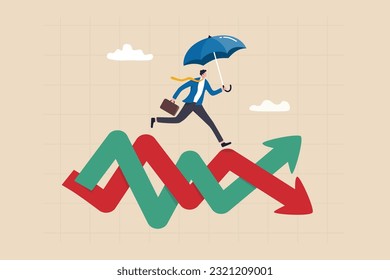 Survive and thrive in stock market volatility investment, risk management or overcome market fluctuation, uncertainty or financial challenge concept, businessman with umbrella run on volatile graph.