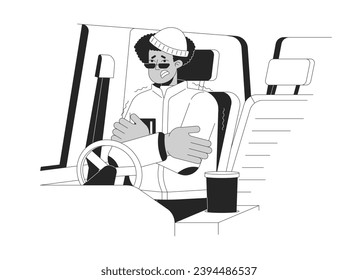 Survive trapped in car in snow black and white cartoon flat illustration. Latino man freezing inside vehicle 2D lineart character isolated. Shivering without heater monochrome vector outline image