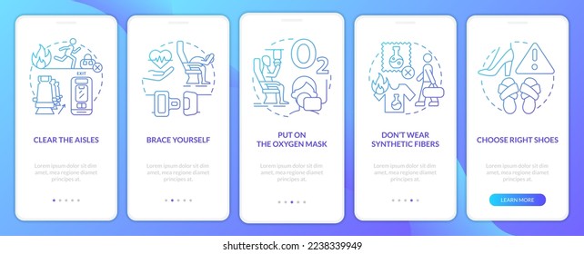 Sobreviviendo a la pantalla de aplicación móvil del gradiente azul del accidente de aviación. Recorrido 5 pasos instrucciones gráficas con conceptos lineales. UI, UX, plantilla GUI. Multitud de tipos de letra Pro-Bold, con uso regular