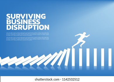 surviving business disruption. Silhouette of businessman running from domino collapse. Concept of business industry disrupt 