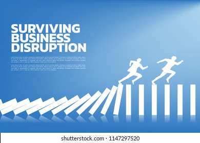 surviving business disruption. Silhouette of businessman running from domino collapse. Concept of business industry disrupt 