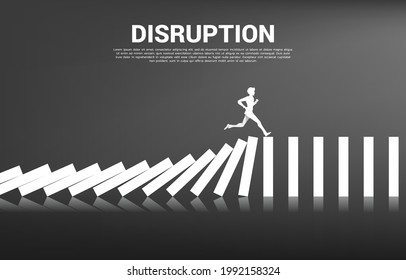 surviving business disruption. Silhouette of businessman running from domino collapse. Concept of business industry disrupt 