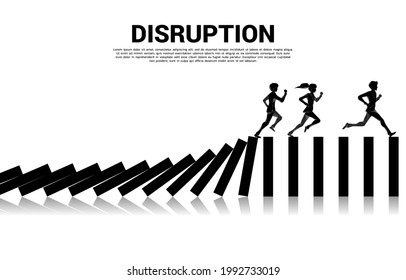 surviving business disruption. Silhouette of businessman and businesswoman running from domino collapse. Concept of business industry disrupt 