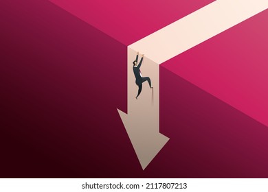 Surviving an economic downturn A businessman climbs a cliff to escape from a falling arrow. isometric vector illustration.