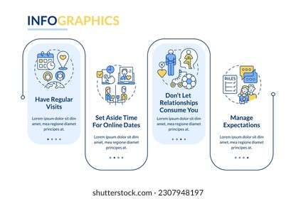 Surviving long-distance relationship rectangle infographic template. Data visualization with 4 steps. Editable timeline info chart. Workflow layout with line icons. Lato-Bold, Regular fonts used