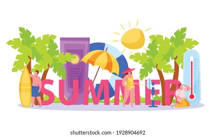 Surviving summertime hot weather flat composition with vacationers preventing heatstroke under umbrella surfing using fan vector illustration