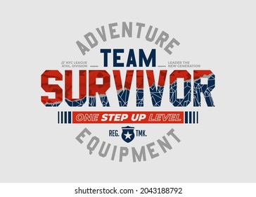 Survivor, adventure team, vintage typography slogan. Colorful abstract design with camouflage and lines style. Vector illustration for print tee shirt, background, logo, typography, poster and more.