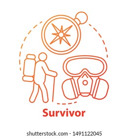 Survivor red concept icon. Remaining alive idea thin line illustration. Hiking camp. Travelling in extreme conditions. Adventurous trekking, traveler. Vector isolated outline drawing. Editable stroke