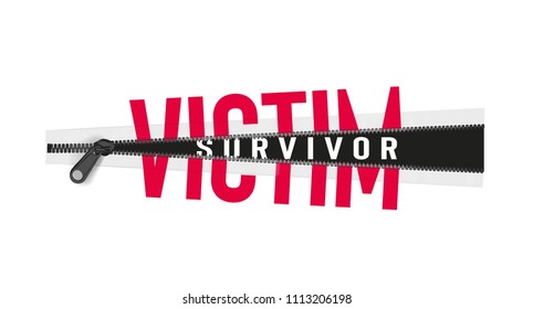 survivor slogan hidden under victim zipper illustration