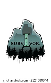 Survivor text with mountain, trees and climber