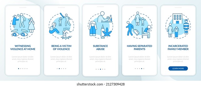 Survivors of childhood trauma blue onboarding mobile app screen. Walkthrough 5 steps graphic instructions pages with linear concepts. UI, UX, GUI template. Myriad Pro-Bold, Regular fonts used