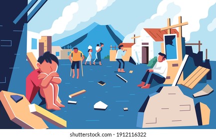 the survivors of natural disasters who still stay in the ruins of their houses in their village vector illustration. used for info graphic and other