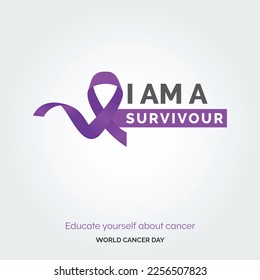 I am A Survivour Ribbon Typography. Educate your self about cancer - World Cancer Day