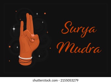 Surya mudra - gesture in yoga fingers. Symbol in Buddhism or Hinduism concept. Vector illustration isolated on black background