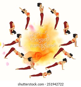 Surya namaskar complex asanas (Hatha Yoga) watercolor