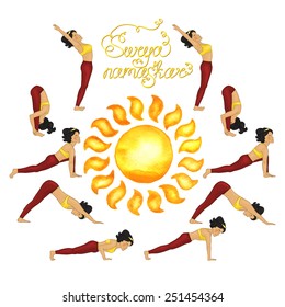 Surya Namaskar (Hatha Yoga) watercolor sun