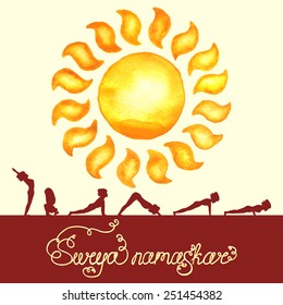 Surya Namaskar (Hatha Yoga) watercolor sun (silhouette pose)