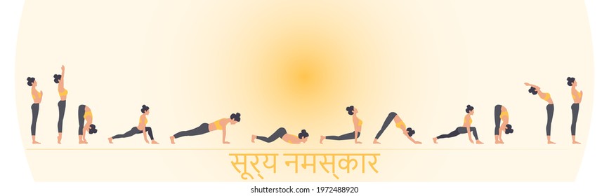 Surya Namaskar Surya Namaskar in Sanskrit. Vector illustration. Set of yoga poses. Woman yoga