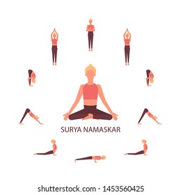 Surya namaskar sequence yoga poses. Salutation to the sun complex. Flat slyle illustration