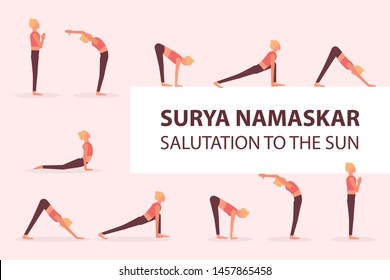Surya namaskar sequence yoga poses. Salutation to the sun complex. Flat slyle illustration