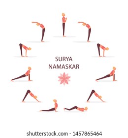 Surya namaskar sequence yoga poses. Salutation to the sun complex. Flat slyle illustration