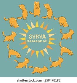 Surya namaskar. Sun salutation complex.
Cute cat yoga. Vector illustration.