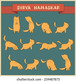 Surya namaskar. Sun salutation complex.
Cute cat yoga. Vector illustration.