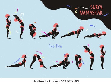 Surya Namaskar  (sun salutation). Illustrated yoga set with asanas.