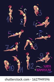 Surya Namaskar  (sun salutation). Illustrated yoga set with asanas.