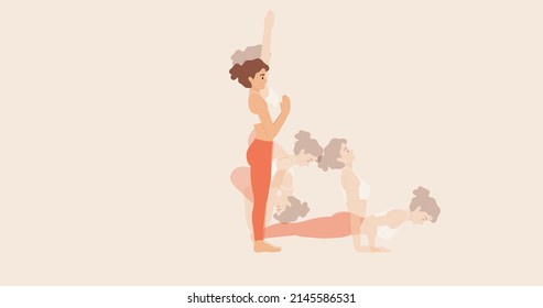 Surya namaskar or sun salutation yoga poses sequence. Ashtanga yoga poses set. Gymnastic for the lungs, breathing exercises. Vector illustration
