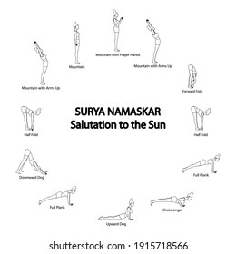 Surya Namaskar Yoga Salutatuon to the sun outline on the white background. Vector illustration