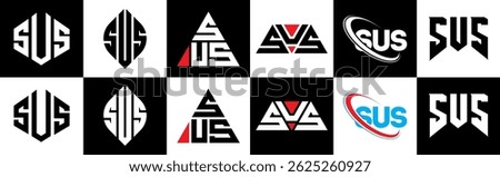 SUS letter logo design in six style. SUS polygon, circle, triangle, hexagon, flat and simple style with black and white color variation letter logo set in one artboard. SUS minimalist and classic logo