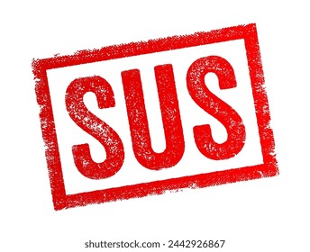 SUS is a slang term that originated from the word suspicious, giving the impression that something is questionable or dishonest, text concept stamp