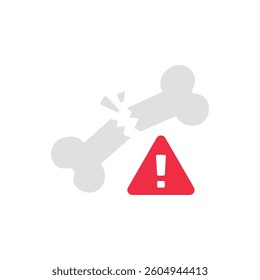Susceptible to bone fractures. Broken bone concept with warning sign. Flat design illustration, icon, infographics.