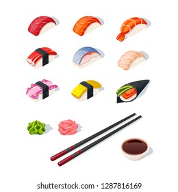 sushi 1 set rolls, isolated on white background. Modern flat style vector illustration.