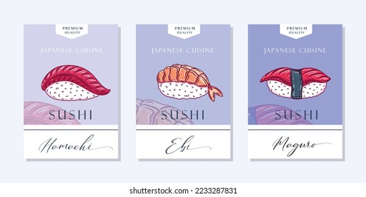 Sushi Abstract Vector Packaging Labels Design Set. Traditional Asian Cuisine Vector Emblems Collection. Japanese Food Abstract Signs, Symbols or Logo Templates.