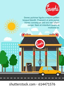 Sushi advertising banner with shop building and landscape, vector illustration
