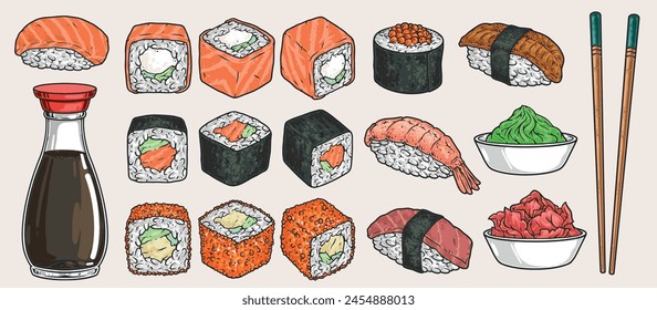 Sushi appetizer emblems set colorful with healthy Japanese food of rice and fish or seafood for restaurant advertising vector illustration