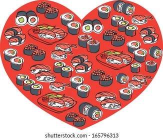 Sushi arranged in heart shape