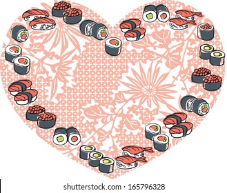 Sushi arranged in heart shape