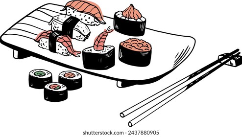 Sushi asian fish food hand drawn vector set with plate chopsticks and spices isolated on white 