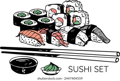 Sushi asian fish food hand drawn vector set with plate chopsticks and soy sauce isolated on white 