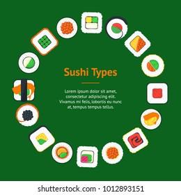 Sushi Asian Food Banner Card Circle Tasty Oriental Cuisine Concept Web Style Design. Vector illustration
