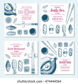 Sushi and asian food design flyers. Set of square banner. Linear graphic.