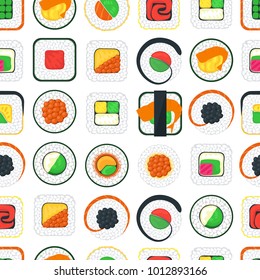 Sushi Asian Food Seamless Pattern Background on a White Tasty Oriental Cuisine Concept Web Style Design. Vector illustration